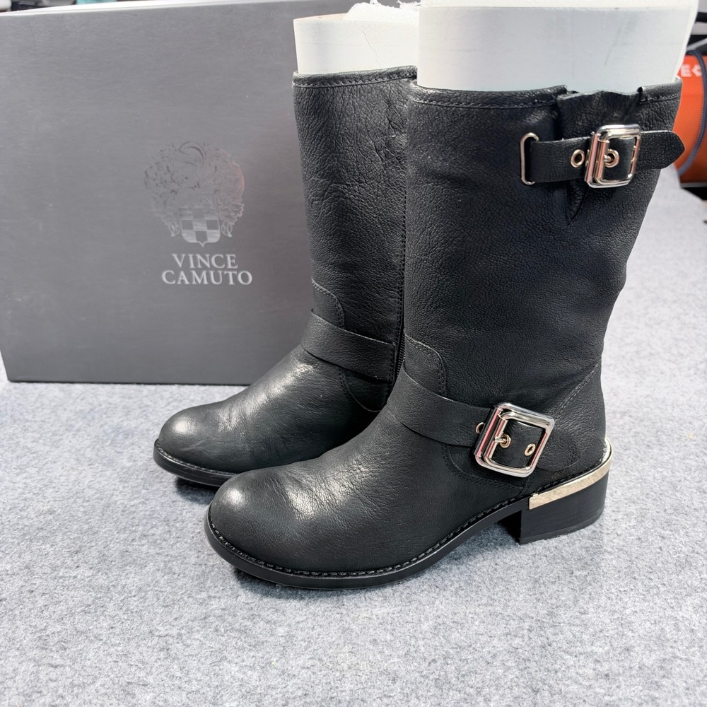 Vince Camuto Windy Black Pebbled Leather Moto Boots Gold Hardware 7M VC-WINDY